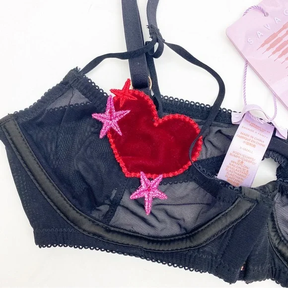 Savage X Fenty Hearts Stars Half Cup Bralette Velvet Mesh Unlined Valentines - Picture 5 of 10